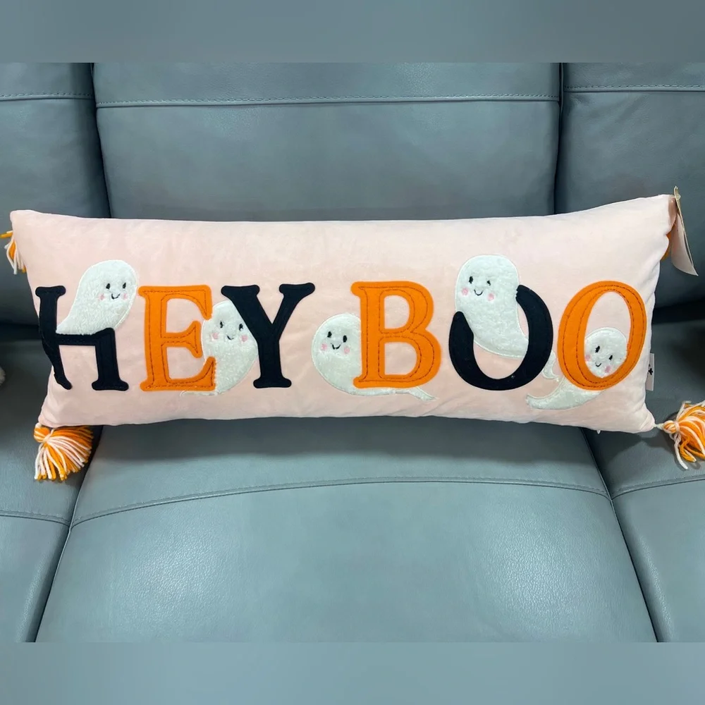 HEY BOO Pastel Pink + Orange Ghost Pillow w/ Tassels Sweet Street 👻🩷🎃 NEW